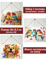 Картина интерьерная на стену, постер 3 штуки Яркие птички