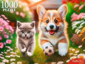 Пазл Рыжий Кот 1000 деталей: Корги и британский котенок