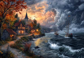 Пазл деревянный Алма 1000 деталей. Корабли и море. Закат над бушующим морем.