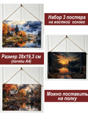 Картина интерьерная на стену, постер 3 штуки Избушка лес