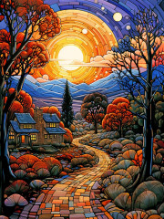 Алмазная мозаика без подрамника Рыжий Кот: Живописная тропа (полное заполнение)