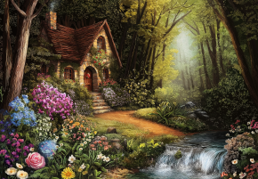 Пазл деревянный Алма 1000 деталей. Сказочные домики. Коттедж в цветах.