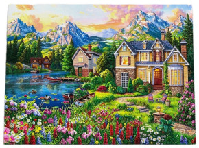 Алмазная мозаика с подрамником Рыжий Кот: Домик у цветочной поляны (полное заполнение)