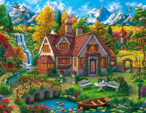 Алмазная мозаика с подрамником Рыжий Кот: Дом с уютным двориком (полное заполнение)