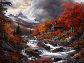 Картина интерьерная на стену, постер Дом у водопада